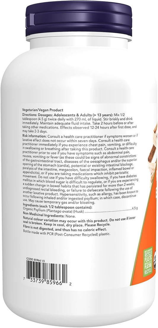 NOW Supplements, Psyllium Husk Powder, Certified Organic, Non-GMO Project Verified, Soluble Fibre, 340g