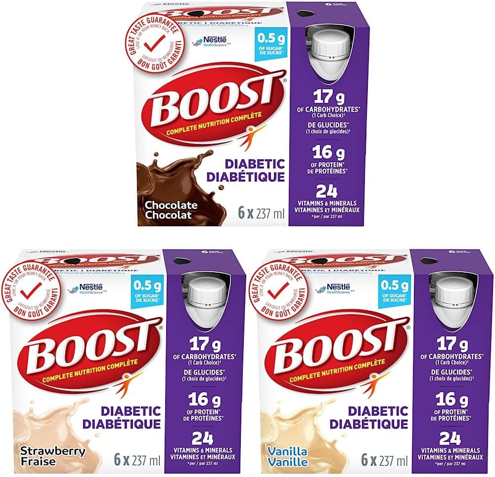BOOST Diabetic Nutritional Supplement, Chocolate, 24 x 237 ml & BOOST Diabetic Nutritional Supplement, Strawberry, 24 x 237 ml & BOOST Diabetic Nutritional Supplement, Vanilla, 4 six-packs of 237ml