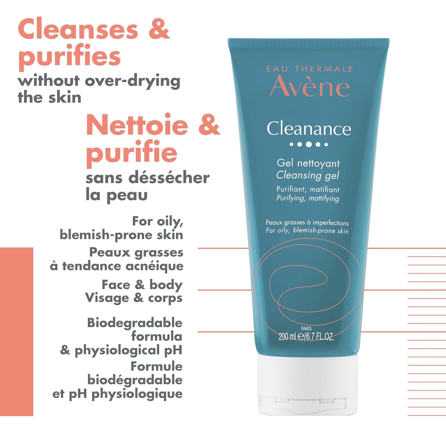 Eau Thermal Avene Cleanance 臉部和身體清潔凝膠,適合痤瘡皮膚的天然清潔劑,可生物降解,瓶裝,200 毫升