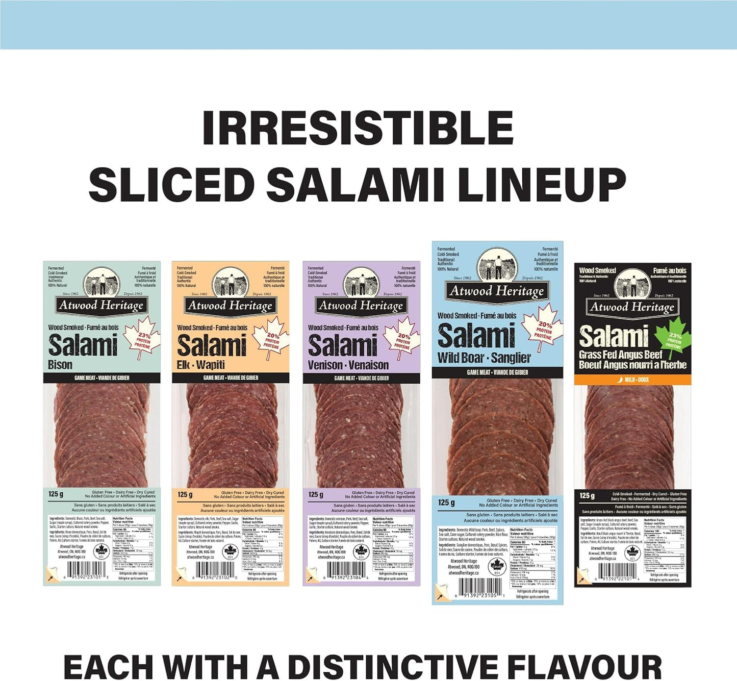 Atwood Heritage 野豬、豬肉和牛肉切片薩拉米香腸,125 克,高蛋白,無麩質,無硝酸鹽,加拿大製造
