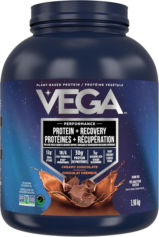 Vega Sport 素食蛋白粉 + 恢復 - 每份 30 克植物蛋白,巧克力口味,45 份,5 克 BCAA,益生菌,NSF 認證,適用於奶昔和冰沙,1.98 公斤(包裝可能有所不同)