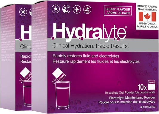 HydraLyte Electrolyte Powder, Berry Flavoured Hydration Powder - Flat, Accelerates Fluid and Electrolytes, Great For All Ages, Oral Rehydration Solution - 20 Count (Twin Pack)