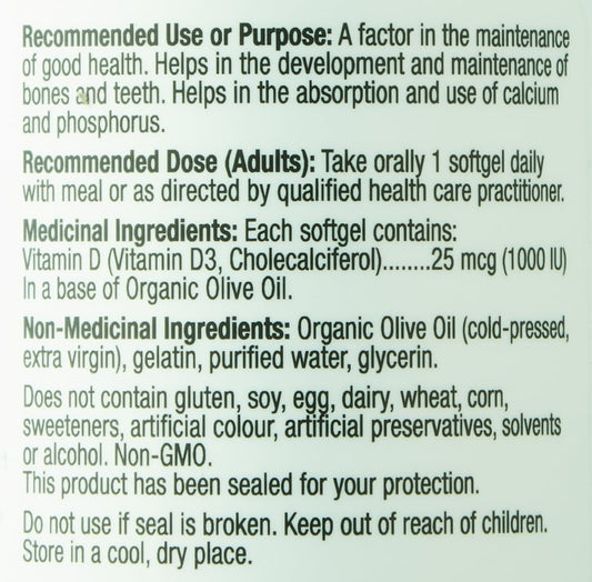 Prairie Naturals Vitamin D3 Cholecalciferol 1,000 IU in Organic Extra-Virgin Olive Oil Softgel - 180 Count