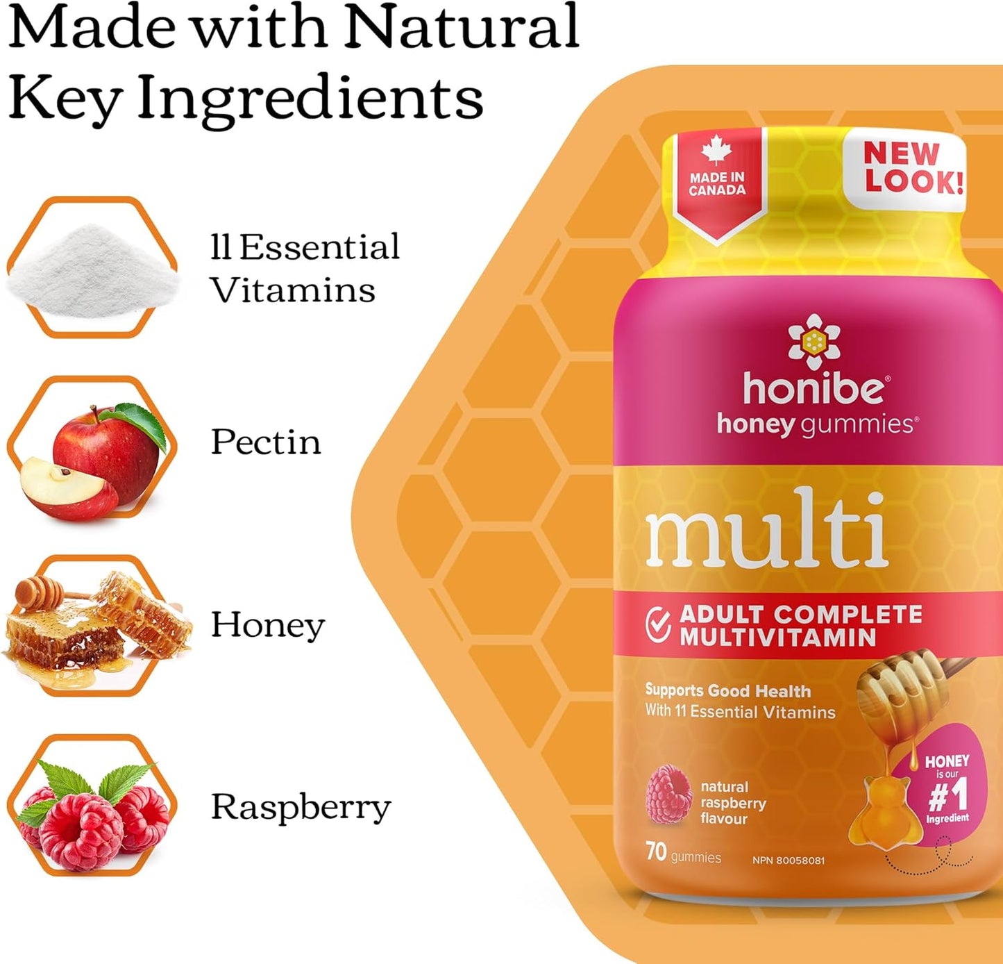 Honibe 成人複合維生素軟糖 | 加拿大製造的蜂蜜基維生素 | 男女適用咀嚼軟糖複合維生素 | 每日必需維生素和礦物質 | 素食維生素軟糖 | 70 粒軟糖 |