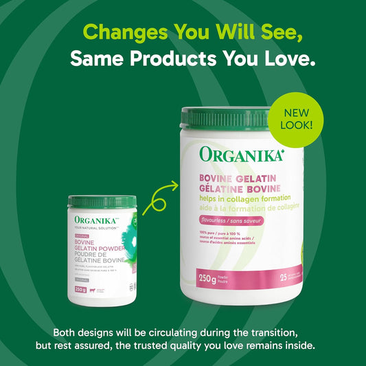 Organika Canadian-Made Bovine Gelatin (Unflavoured) - Collagen With 18 Amino Acids for Healthier Skin, Hair, Bones and Gut | Grass-Fed Source - 250g