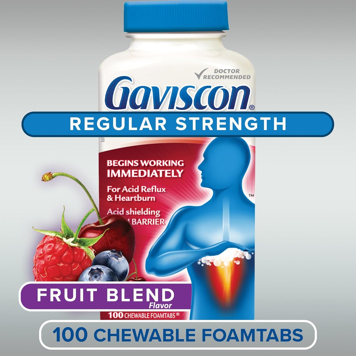 Gaviscon Regular Strength Tablets - 100 Count - Chewable Foaming Antacid Tablets for Day and Night Heartburn Relief, Acid Reflux and GERD Relief, Fruit Blend - Free of Aluminum, Lactose and Gluten