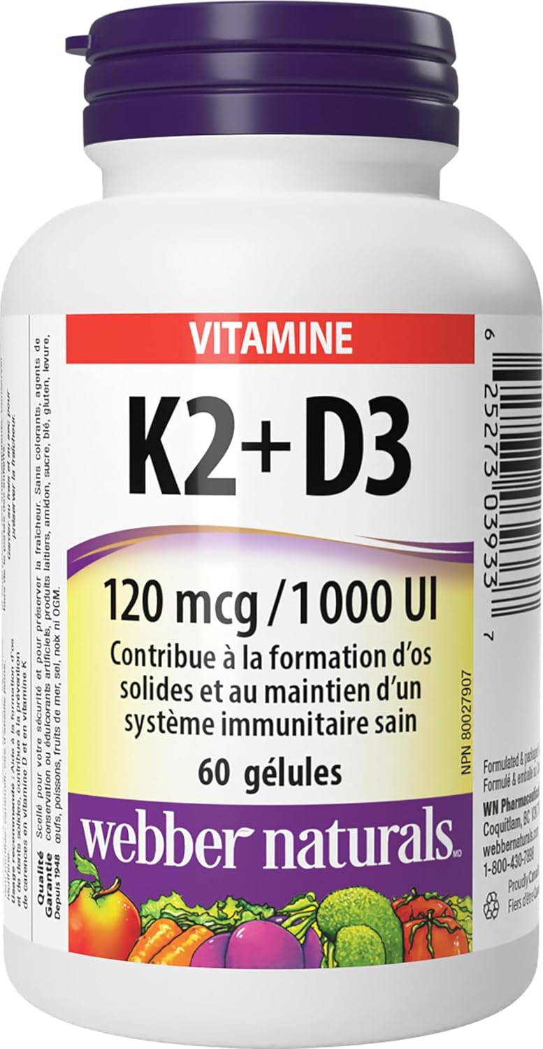 Webber Naturals 维生素 K2 加 D3,60 粒软胶囊,有助于支持骨骼、牙齿和免疫功能,不含麸质和乳制品
