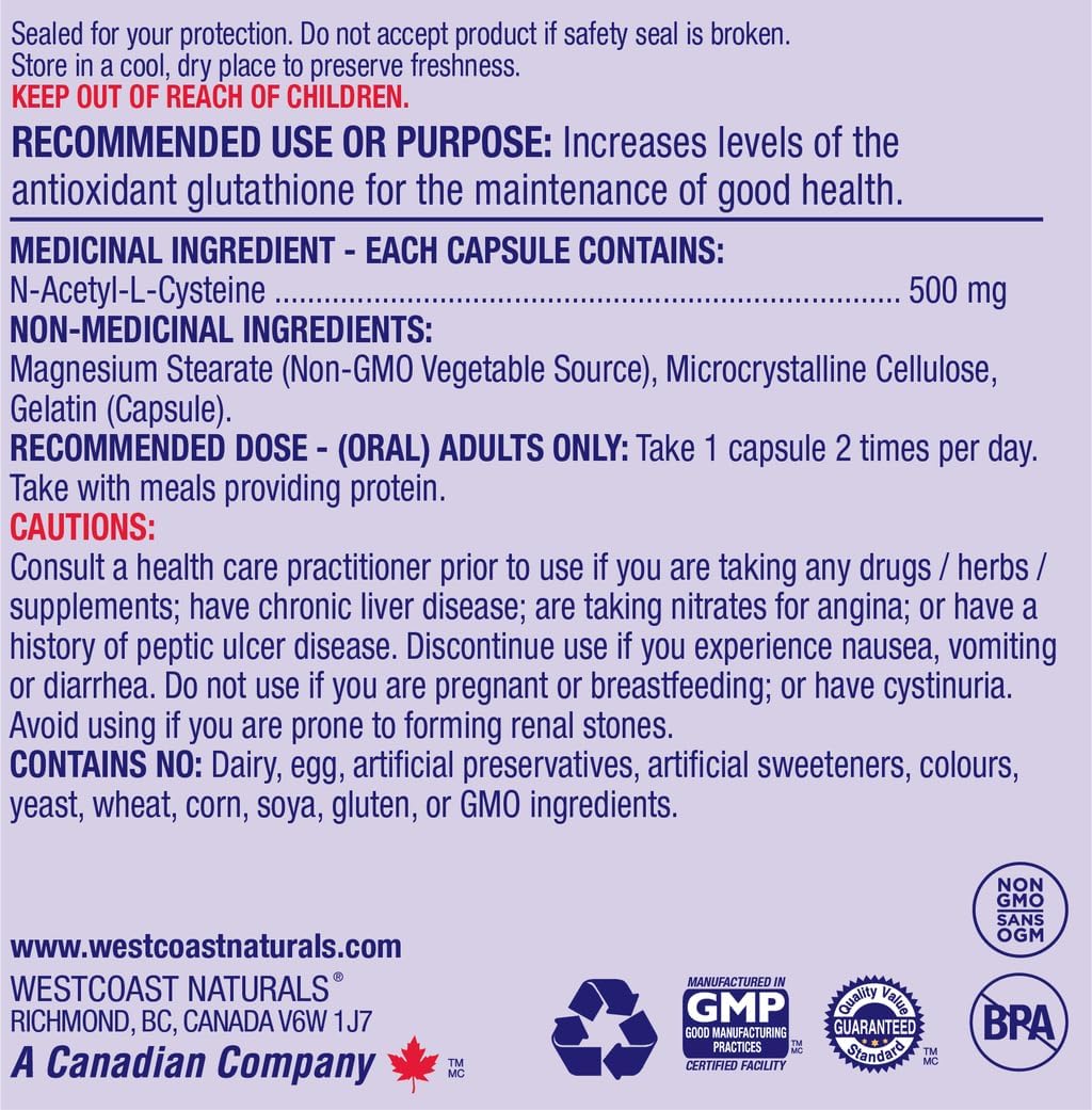 Westcoast Naturals Amino Acid N-Acetyl-L-Cysteine Capsule, 500 mg