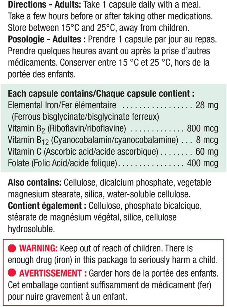 Jamieson 溫和鐵劑 28 毫克 甘氨酸亞鐵和維生素 B12(鈷胺素)1200 微克 定時釋放 | 90 粒 + 80 片