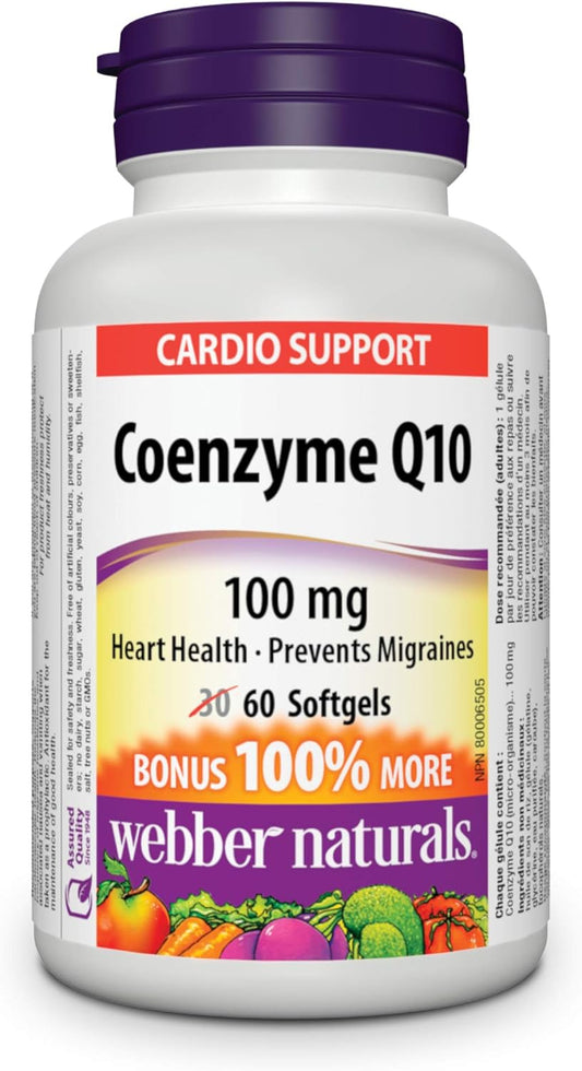 Webber Naturals 輔酶 Q10 (CoQ10) 100 毫克,60 粒軟膠囊和雙甘氨酸鎂 200 毫克,120 粒膠囊,支持骨骼和肌肉功能,純素