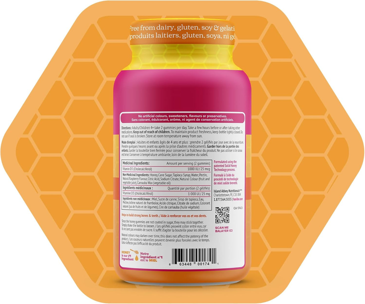 Honibe 維生素 D 軟糖,適合兒童和成人 | 加拿大製造的蜂蜜維生素 | 維生素 D3 有助於支持骨骼健康、情緒和免疫系統功能 | 素食咀嚼維生素 D 補充劑 | 70 粒軟糖