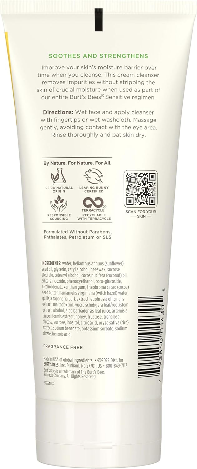 Burt's Bees Sensitive Facial Cream Cleanser Daily Face Wash for Sensitive Skin with Cotton Extract, 98.9% Natural Origin, Developed with Dermatologists, 170g, Face Cleanser