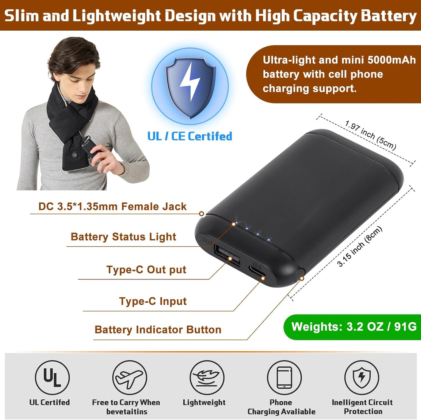 BIAL 加熱圍巾,男女適用,NTC 控制頸部加熱墊,帶可充電 5000mAh 電池頸部保暖器,聖誕禮物