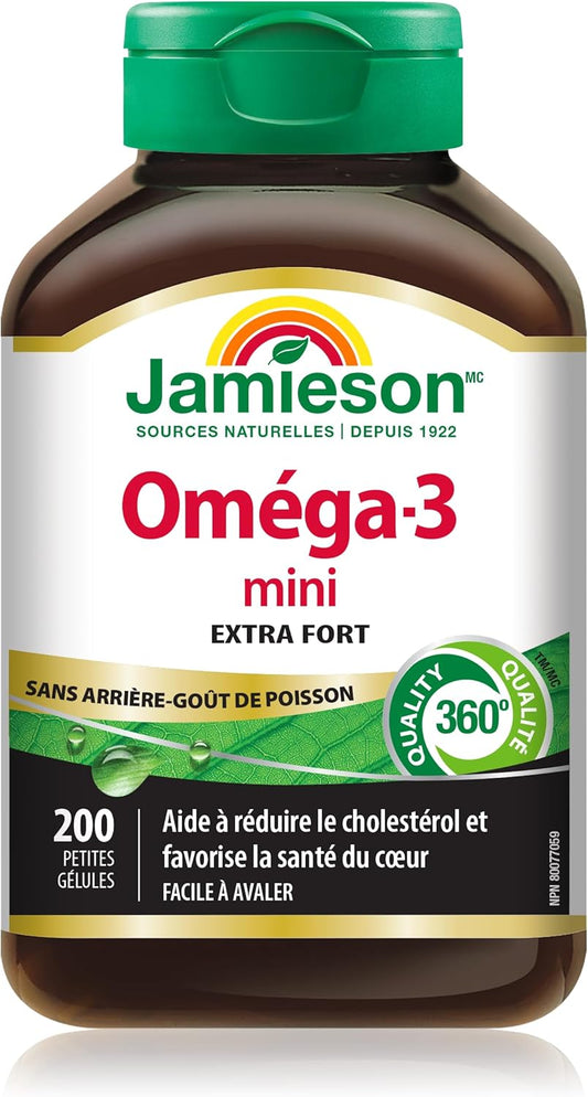 Jamieson Omega-3 迷你軟膠囊,無魚腥味,有益心臟健康,支持大腦健康。含 210 毫克 EPA 和 140 毫克 DHA,不打嗝,易吞嚥,無麩質,非基因改造,200 粒裝