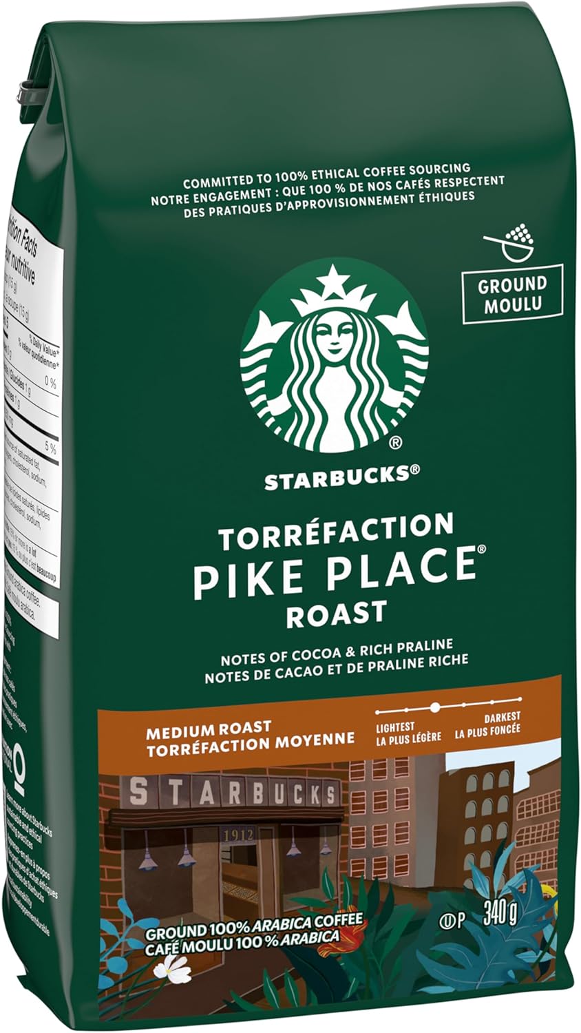 星巴克派克市场研磨咖啡,中度烘焙咖啡,100% 阿拉比卡咖啡豆研磨 - 340 克袋装(6 包,2040 克)