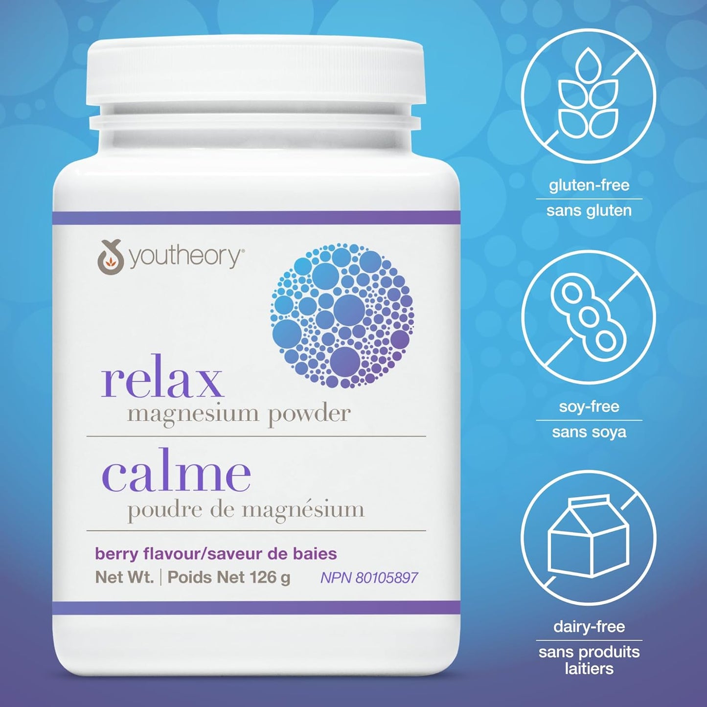 Youtheory Relax Magnesium Powder Berry Flavour, with Magnesium, GABA, L-Theanine, and L-Glycine. Helps Promote Relaxation, 126 grams