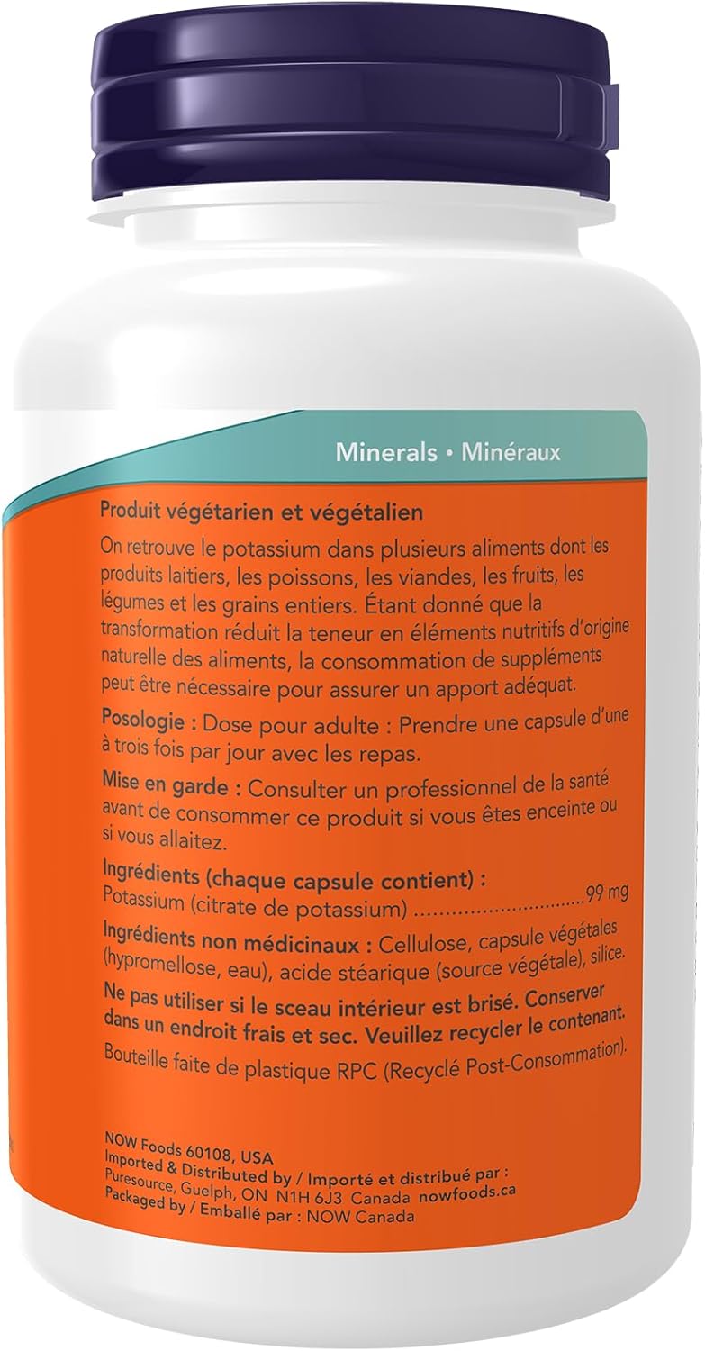 NOW Supplements,檸檬酸鉀 99 毫克,支持電解質平衡和正常 pH 值,必需礦物質,180 粒素食膠囊