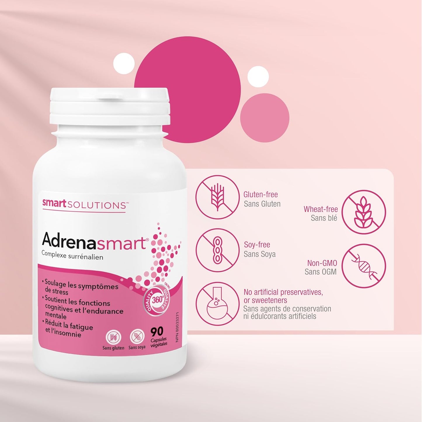 Smart Solutions Adrenasmart 素食膠囊,緩解壓力症狀,增強認知耐力和功能,並減輕疲勞。含 100 毫克紅景天,不含麩質、大豆、人工防腐劑或甜味劑…