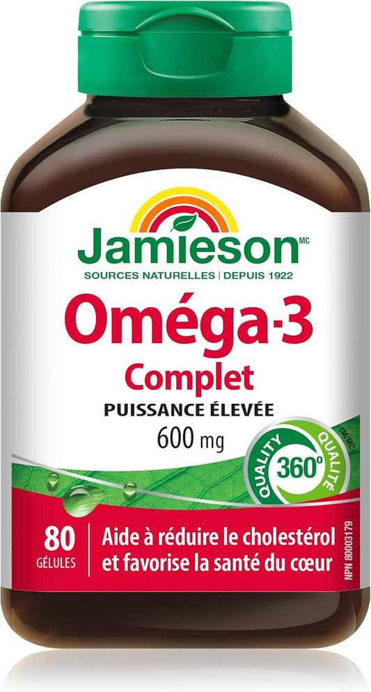 Jamieson 強效 Omega-3 完整配方 600 毫克,支持大腦和心臟健康,並平衡情緒。富含 EPA 和 DHA,非基因改造,無麩質,80 粒軟膠囊,加拿大製造