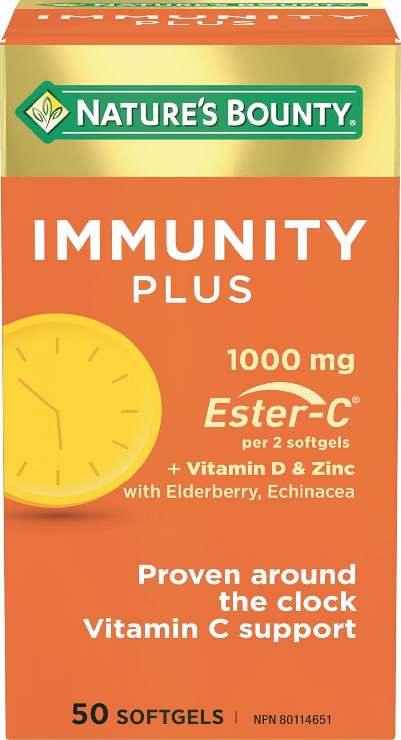 Nature's Bounty Immunity Plus,1000 毫克酯化维生素 C,含锌、接骨木果和紫锥菊,50 粒软胶囊,有助于维持免疫系统