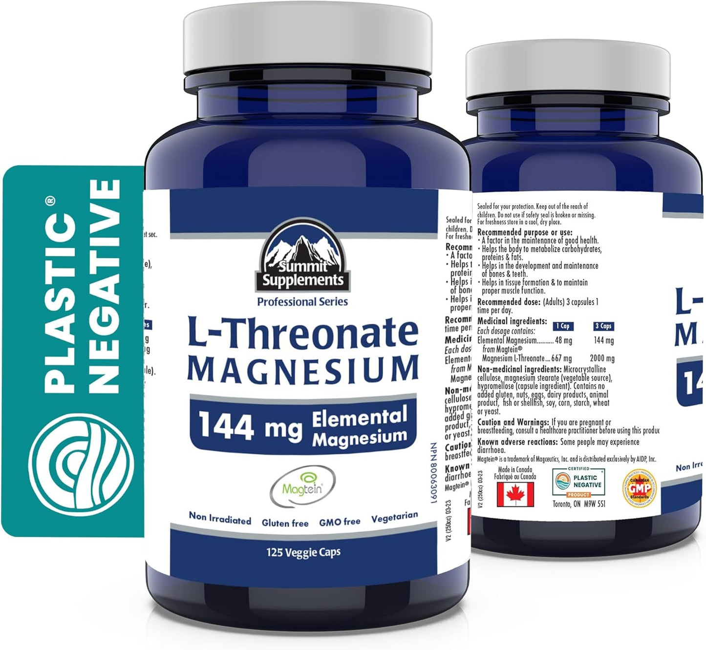 加拿大製造,抗塑膠污染 - Magtein L-蘇糖酸鎂 125 粒素食膠囊,41 天用量 - 促進大腦健康,促進健康睡眠和放鬆 - 經第三方測試 - 加拿大配方和製造