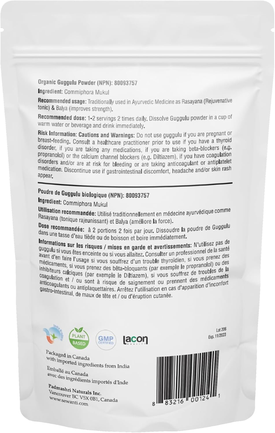 Sewanti Organic Guggulu Powder, NPN 80093757 100g (Rejuvenative Tonic)