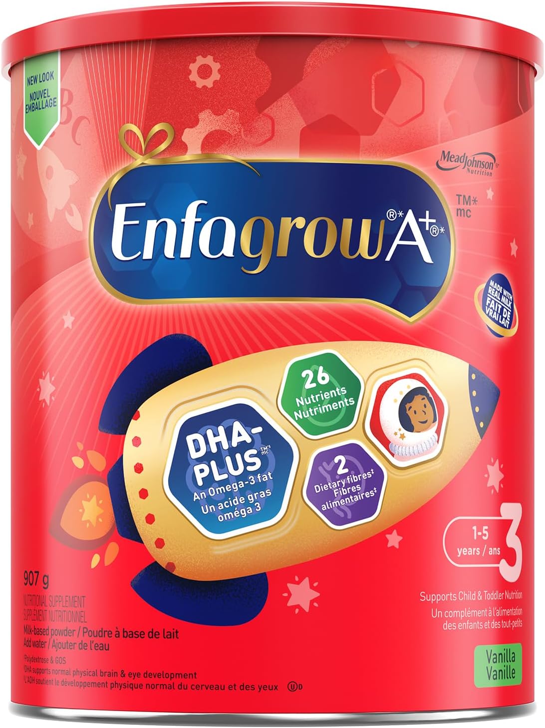 Enfagrow A+ Child & Toddler Nutritional Drink, 26 Nutrients including Brain Building DHA, Ages 1-5, Vanilla Flavour, Powder, 907g