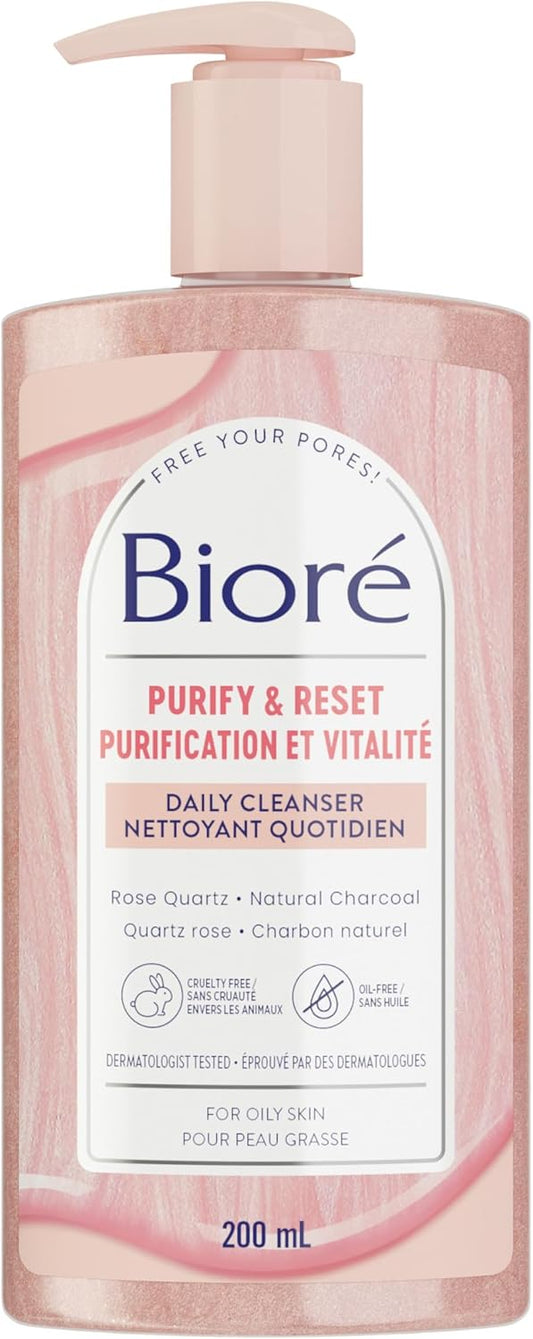 Bioré Rose Quartz + Charcoal Daily Purifying Cleanser, Face Wash for Oily Skin (200 mL) | Pink, Packaging May Vary