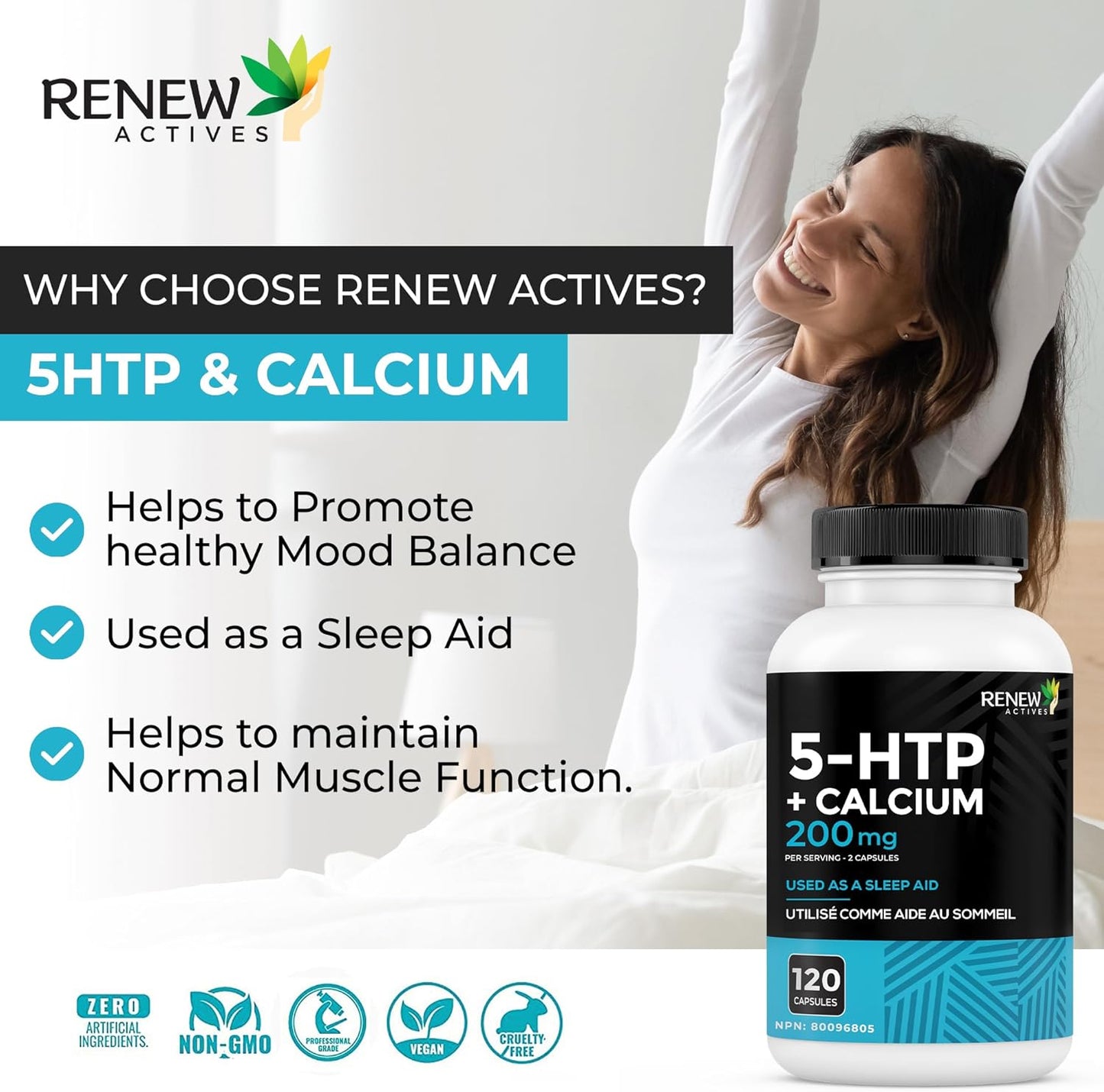 RENEW ACTIVES 5-HTP 200MG 和 328MG 鈣補充劑,每 2 粒膠囊 - 天然助眠劑,促進情緒平衡和放鬆 - 有助於維持骨骼和肌肉健康 - 加拿大製造 - 120 粒膠囊