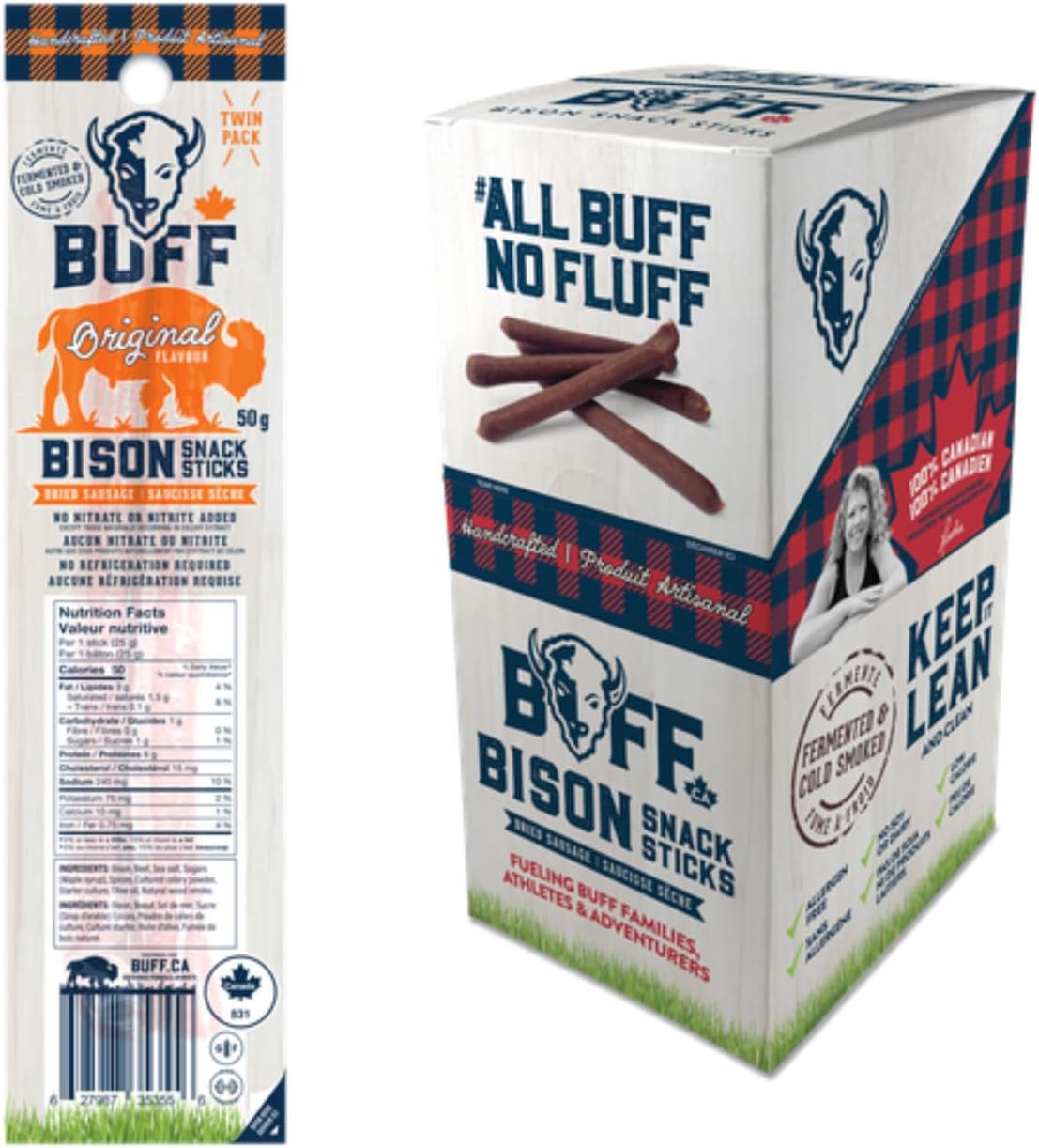 BUFF 野牛零食棒 - 原味,50克雙包裝,12支裝,高蛋白,無硝酸鹽,無麩質,加拿大製造