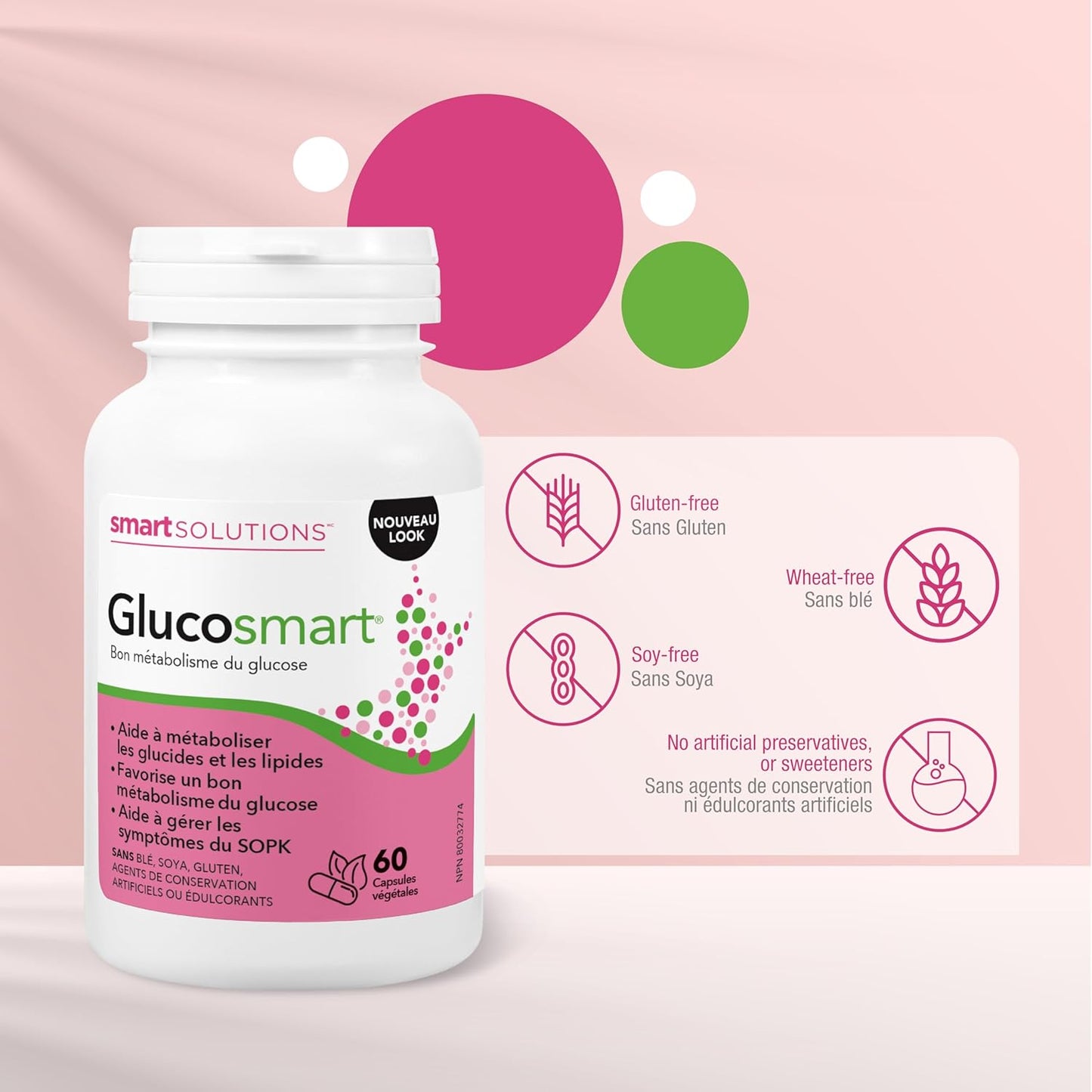 Smart Solutions Glucosmart 膠囊,促進健康的血糖代謝,幫助控制多囊性卵巢症候群 (PCOS) 症狀。含 600 毫克 D-手性肌醇,不含麩質、大豆,不含人工防腐劑或甜味劑,60 粒裝