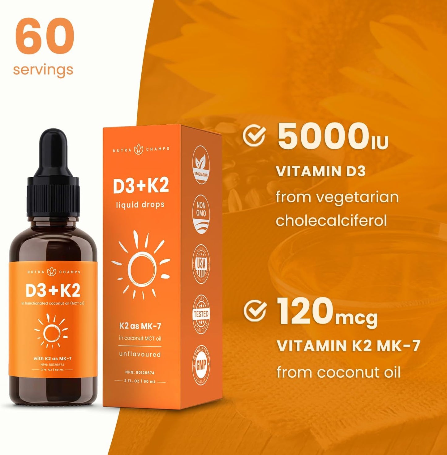 兒童及成人維生素 D3 K2 滴劑 | 每 0.2 毫升含 1000 國際單位 D3 | 60 毫升 | 液體維生素 D3 K2 與 MK7 混合,溶於 MCT 油中,促進吸收 | 骨骼、心臟、免疫健康 | 無味