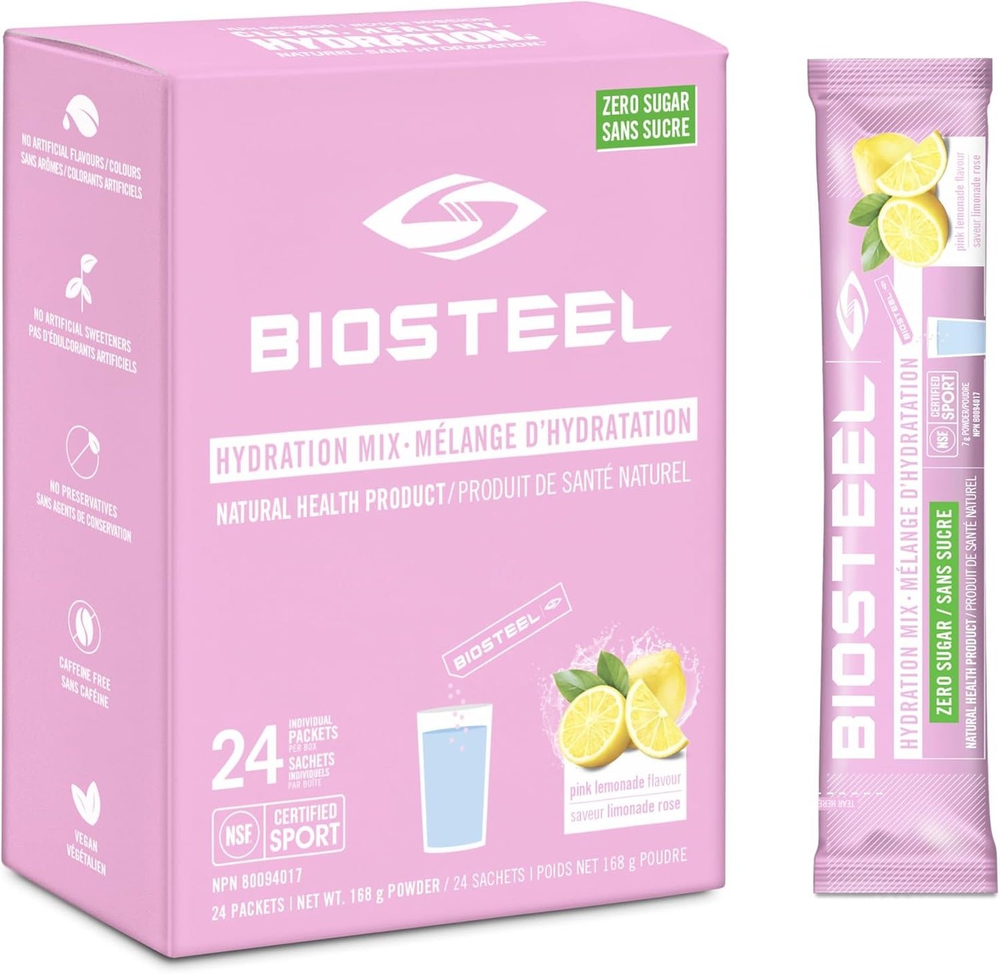 BioSteel 补水混合物,加拿大制造 - 美味补水,零糖,不含人工香料或防腐剂,粉红柠檬水口味,24 个独立包装