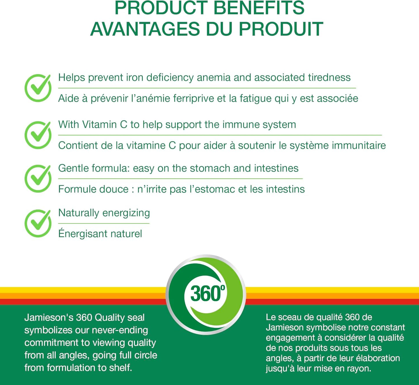 Jamieson 鐵劑 28 毫克,添加葉酸、維生素 B2、維生素 B12 和維生素 C,有助於預防缺鐵,促進吸收,溫和呵護腸胃。非基因改造,無麩質,150 粒素食膠囊