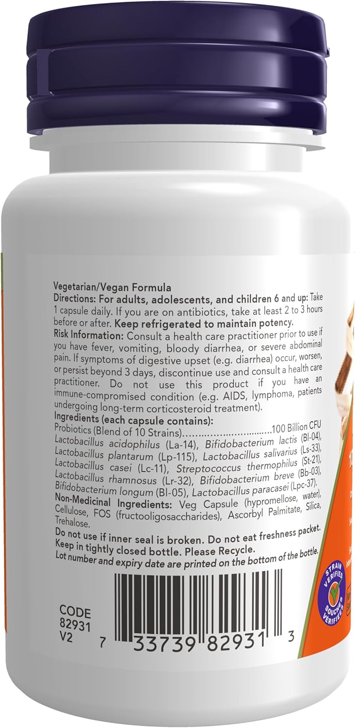 NOW Supplements, Probiotic-10™, 100 Billion, with 10 Probiotic Strains,Dairy, Soy and Gluten Free, Strain Verified, 30 Veg Capsules