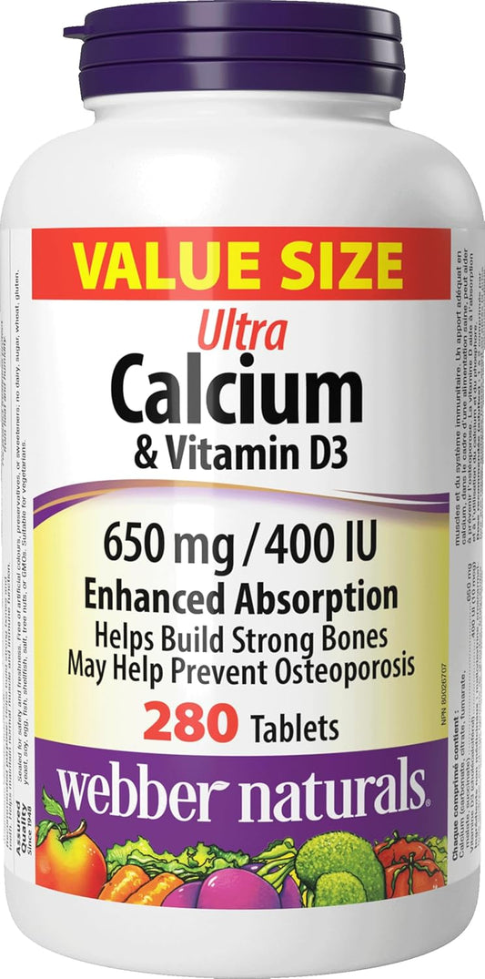 Webber Naturals 超強鈣片,含維生素 D3,增強吸收,280 片,有助於強健骨骼,素食