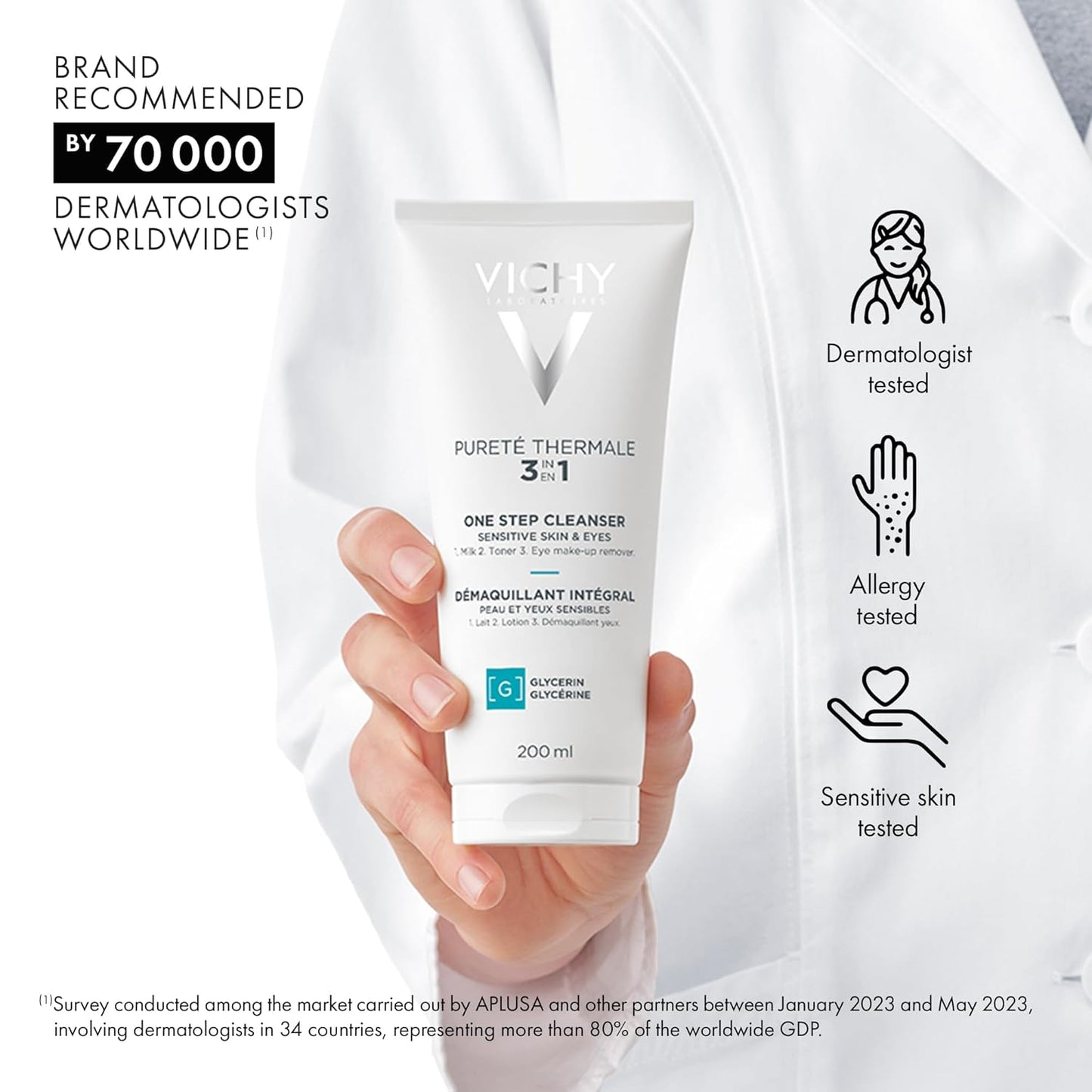 Vichy Gentle Facial Cleanser and Makeup Remover, Purete Thermal 3-in-1 Face Cleanser for Sensitive Skin, Hypoallergenic, Dermatologist Recommended, Paraben-Free, 200mL