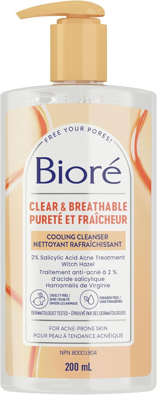 Bioré Clear & Breathable Pore Clarifying Cooling Cleanser with Witch Hazel, Salicylic Acid Face Wash for Acne Prone Skin (200 mL) | Made in Canada