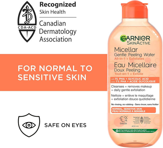 卡尼爾溫和去角質膠束水和潔面乳,含 1% PHA 和乙醇酸,臉部去角質,潔面乳和卸妝液,400ml