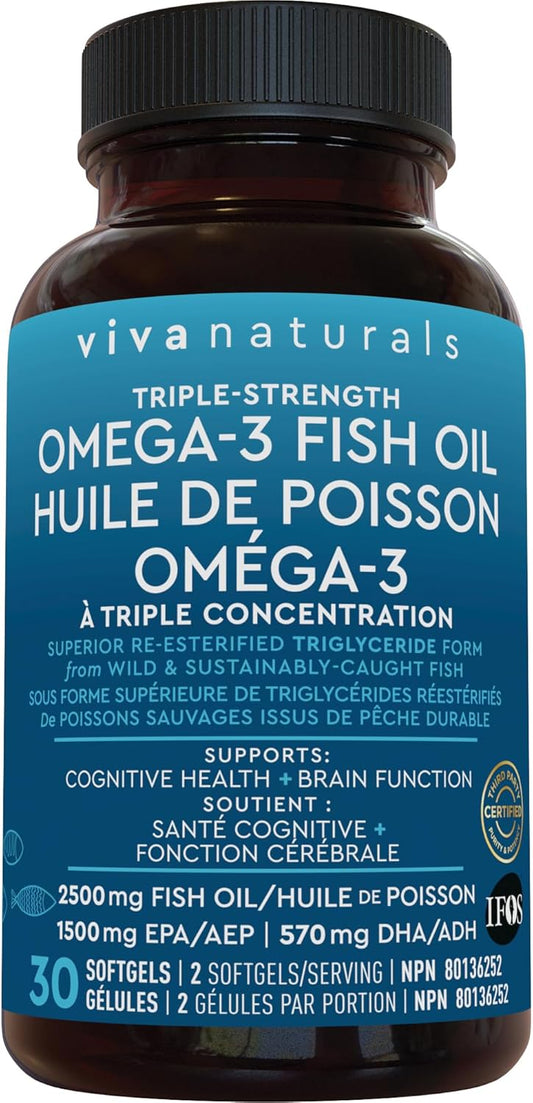 Viva Naturals 三倍強度 Omega 3 魚油補充劑 - 2500 毫克魚油,含再酯化 Omega-3 脂肪酸(包括 EPA 和 DHA),有益於認知健康和腦功能 - 30 粒軟膠囊