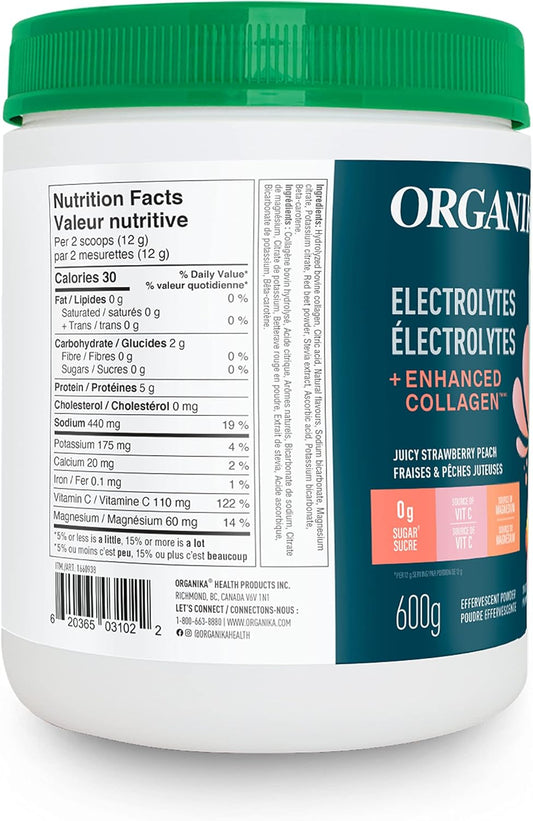 Organika Canadian-Made Electrolytes + Enhanced Collagen - Strawberry Peach Flavour - Sugar-Free Hydration | 5g Protein + 100% of Daily Vitamin C - 600g
