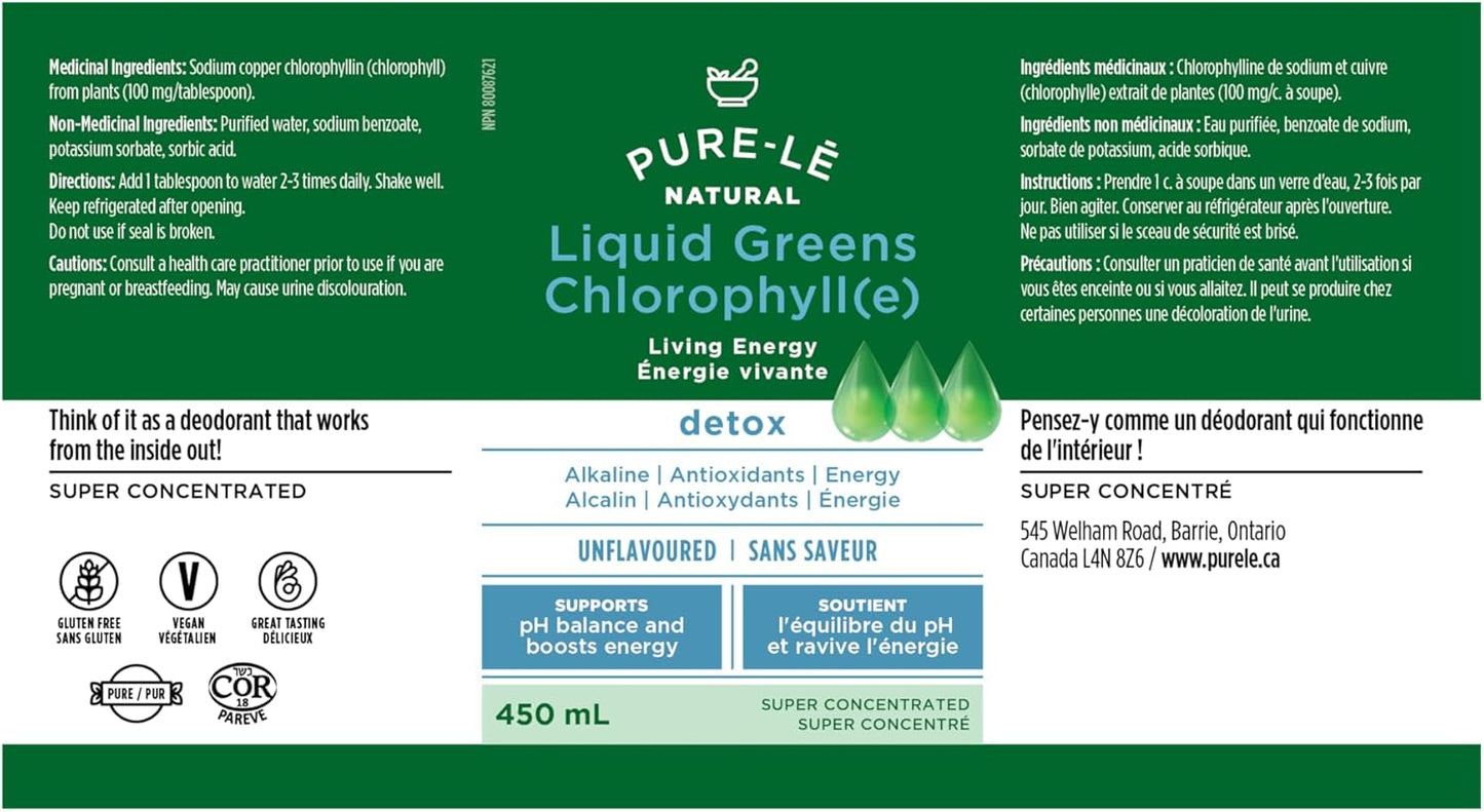 Pure-lē Natural Chlorophyll Liquid Greens | Organic (COR Certified), Gluten-Free, Vegan | Unflavored (450 mL) – Natural Body Deodorant, Alkalizing & Antioxidant Support