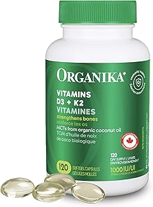 Organika 維生素 D3 + K2 (MK7) - 每粒膠囊含 1000IU D3 和 120mcg K2 - 高效,可支持健康的免疫功能和骨骼 + 牙齒 - 120 粒膠囊
