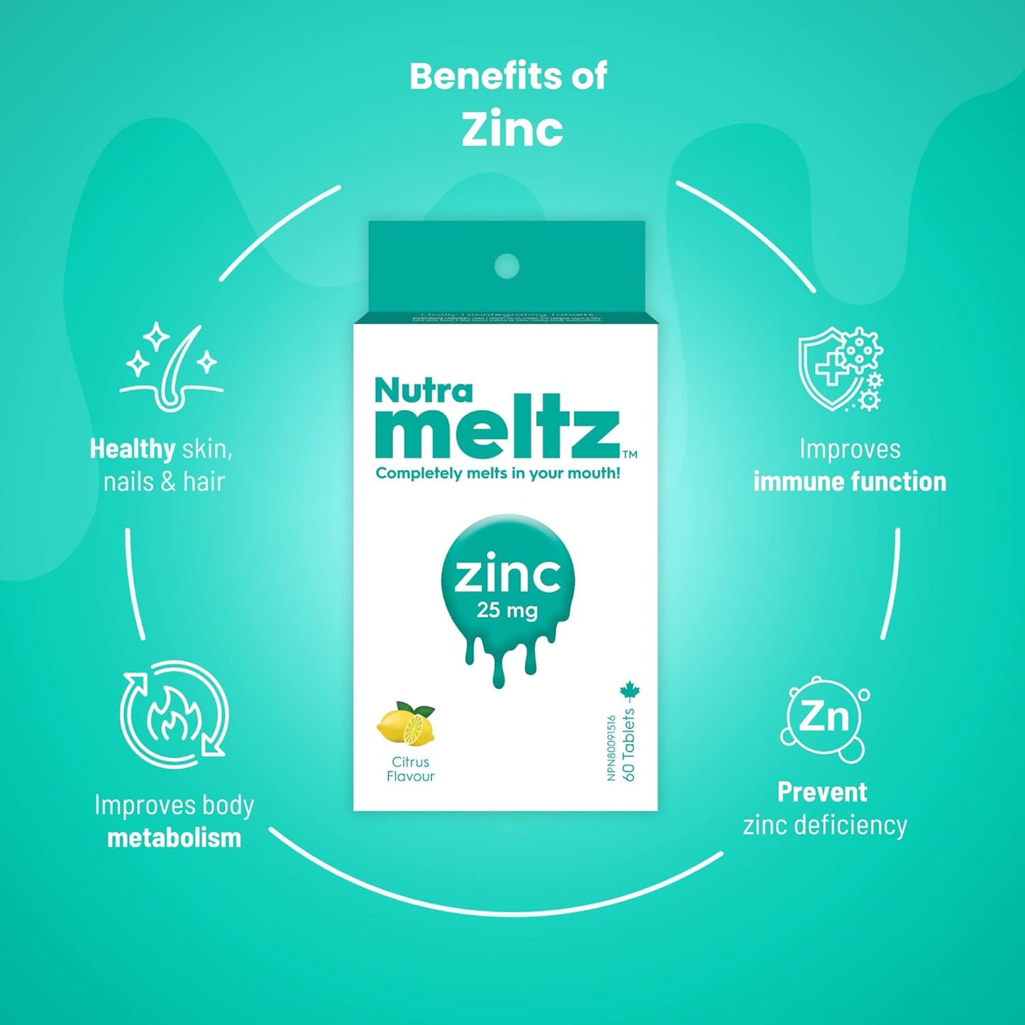 Nutrameltz 鋅 25 毫克補充劑 – 膳食免疫支持補充劑,促進健康的頭髮和指甲,促進新陳代謝調節 - 快速溶解 – 令人垂涎的檸檬味(60 片)