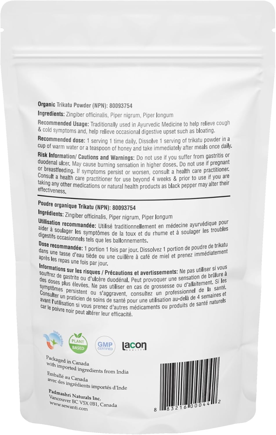Sewanti Organic Trikatu Powder, NPN 80093754,100g