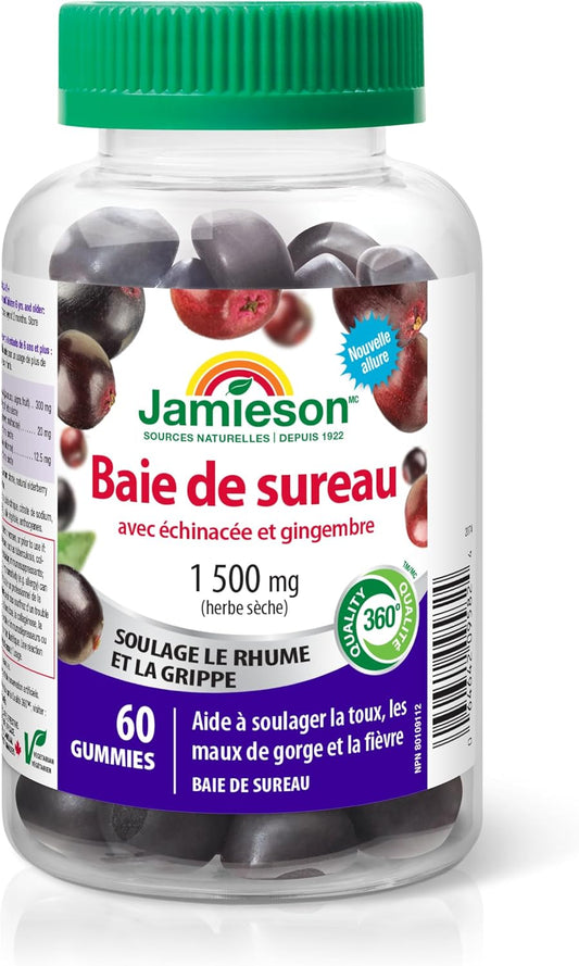 Jamieson Elderberry Cold & Flu Gummies, Elderberry Flavour, with Echinacea and Ginger, Family Friendly (6+). Relieves Cold and Flu Symptoms, Vegetarian, Non-GMO, Gluten-Free, No Artificial Colours, Flavours, or Preservat…