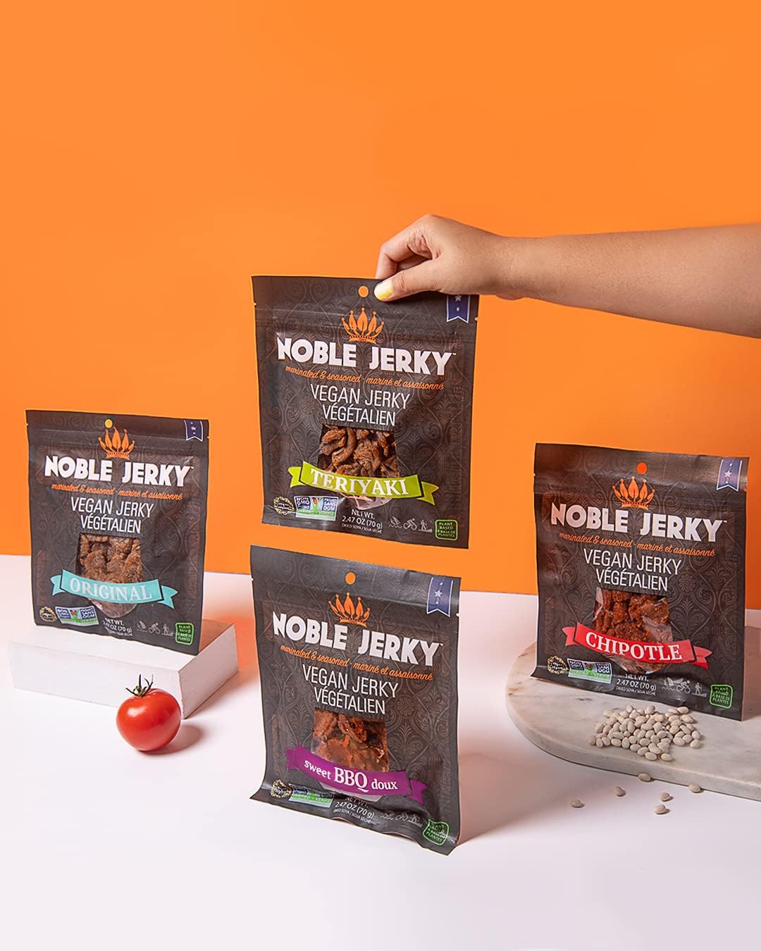 Noble Jerky – Vegan Jerky Snacks, Plant-Based High Protein Snack, 14g Protein Per Bag, Vegetarian, Non-GMO, Healthy Snack Variety Pack (Original, BBQ, Teriyaki, Chipotle), 4 Pack (70g Bags)
