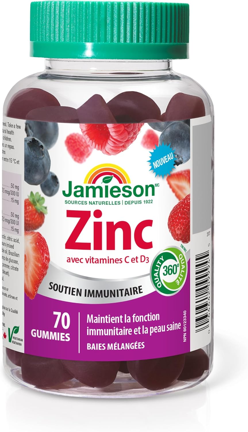 Jamieson Zinc 15 mg Gummies Mixed Berry Flavour, with 50 mg Vitamin C and 400 IU Vitamin D3, Supports Immune Health, Bone Health, Healthy Hair, Skin, and Nails. Vegetarian, Gluten-Free, No Artificial Colours, Flavours, o…