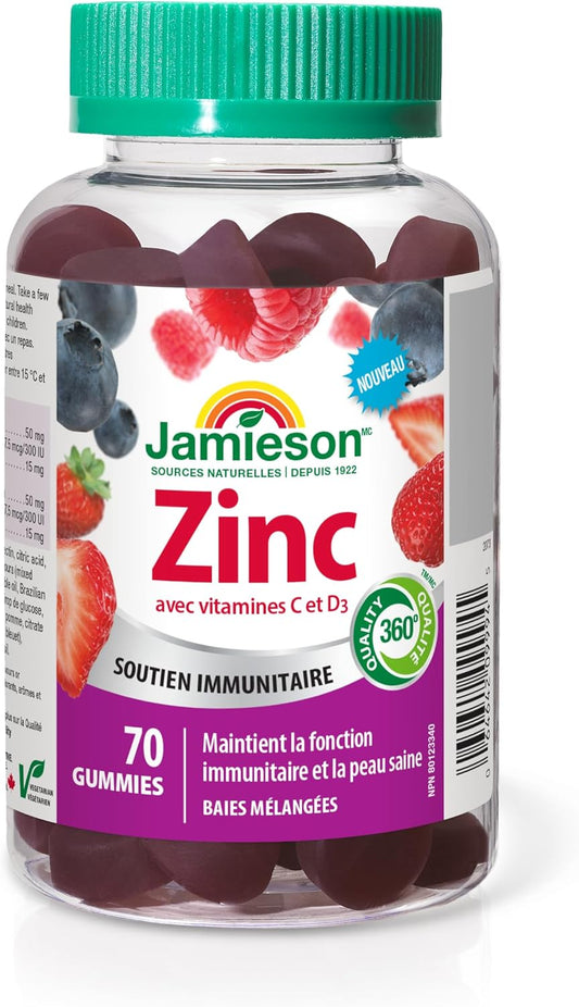 Jamieson Zinc 15 mg Gummies Mixed Berry Flavour, with 50 mg Vitamin C and 400 IU Vitamin D3, Supports Immune Health, Bone Health, Healthy Hair, Skin, and Nails. Vegetarian, Gluten-Free, No Artificial Colours, Flavours, o…