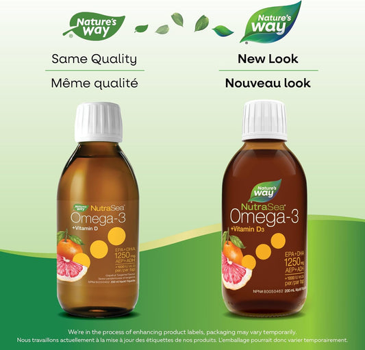 Nature's Way NutraSea Omega-3 和维生素 D 补充剂 - 含 1250 毫克 EPA 和 DHA、1000 IU 维生素 D3 的鱼油 - 支持健康的心脏和大脑,帮助强健骨骼和牙齿,并有助于支持免疫系统 - 葡萄柚……